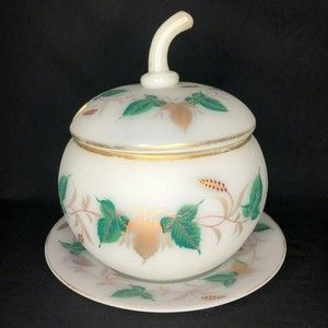 Vintage Opaline Glass Hand Painted Bowl Lid Under-plate Compote Centerpiece